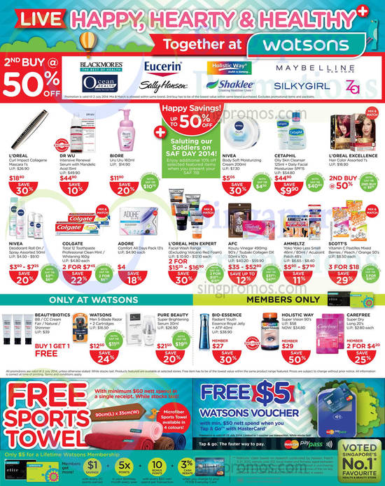 2nd buy at 50 Percent Off, Member Deals, Free Voucher, Sports Towel, Nivea, Cetaphil, Scotts, AFC, Adore