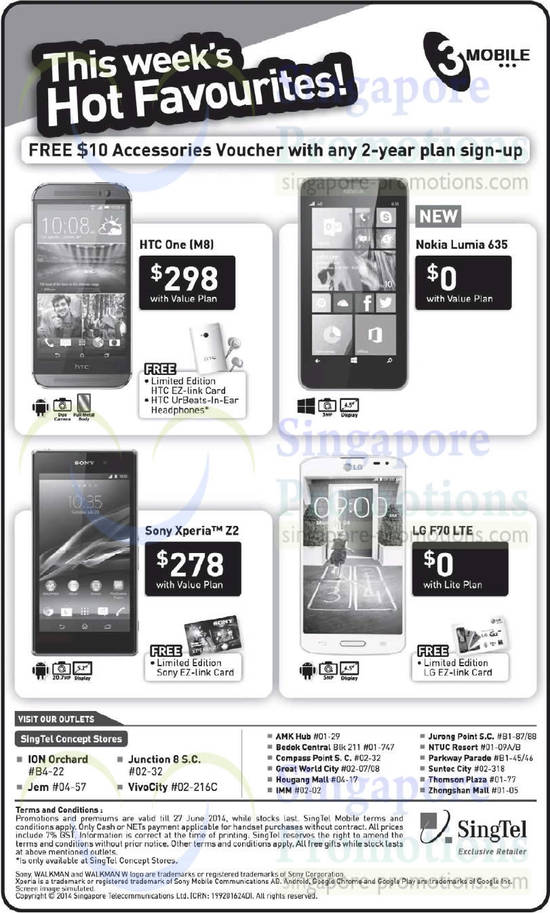 3Mobile HTC One M8, Nokia Lumia 635, Sony Xperia Z2, LG F70