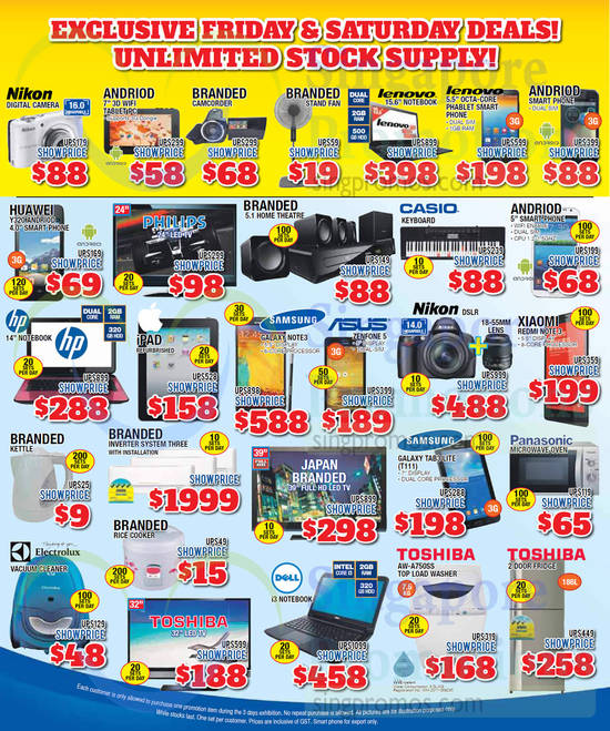 4 Jul Tablets, Notebooks, Digital Cameras, Keyboard, TVs, Fridges, Oven, HP, Huawei, Lenovo, Samsung, Nikon, Asus, Dell, Electrolux