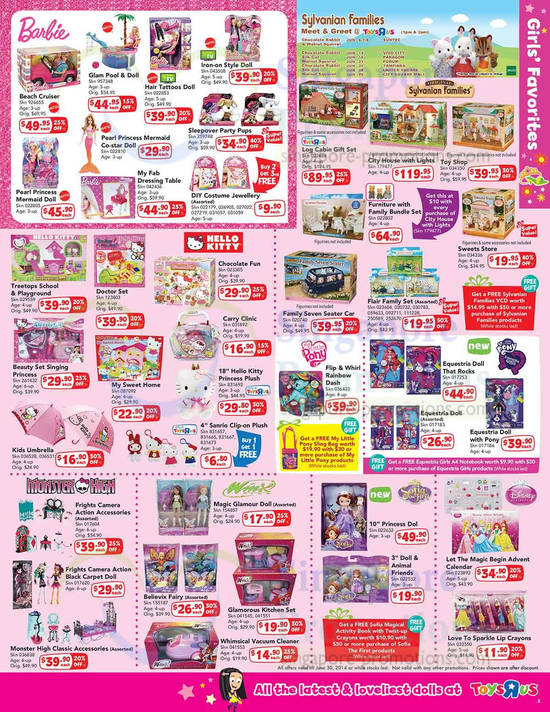 Girls Favorites, Barbie, Sylvanian Families, Hello Kitty, My Little Pony, Monster High, Winx, Sotia the First, Disney