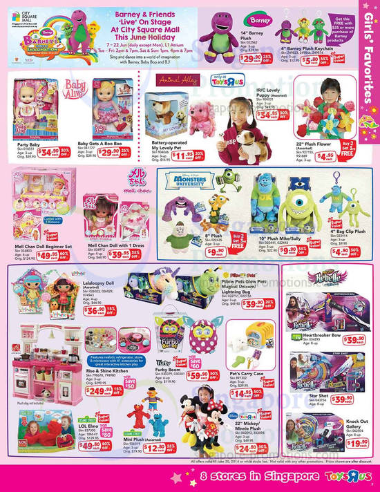 Girls Favorites Barney n Friends, Baby Alive, Animal Alley, Monsters University, Mell Chan, Rebelle, Furby