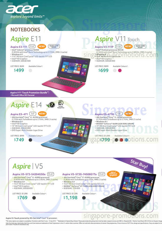 Notebooks Aspire E11m V11 Touch, E14, V5