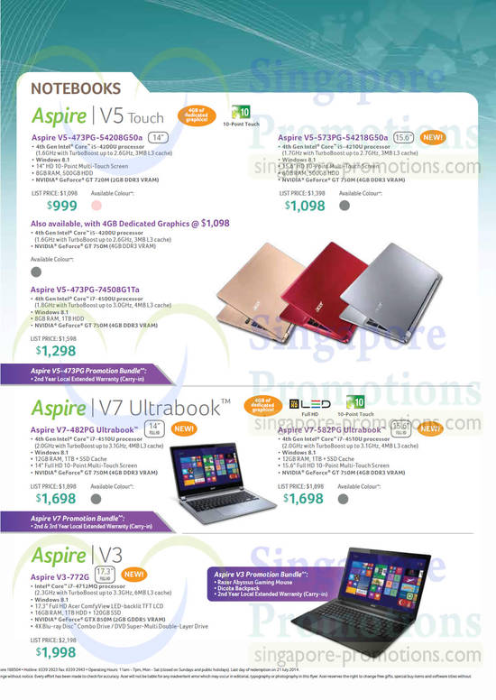 Notebooks Aspire V5 Touch, V7 Ultrabook, V3