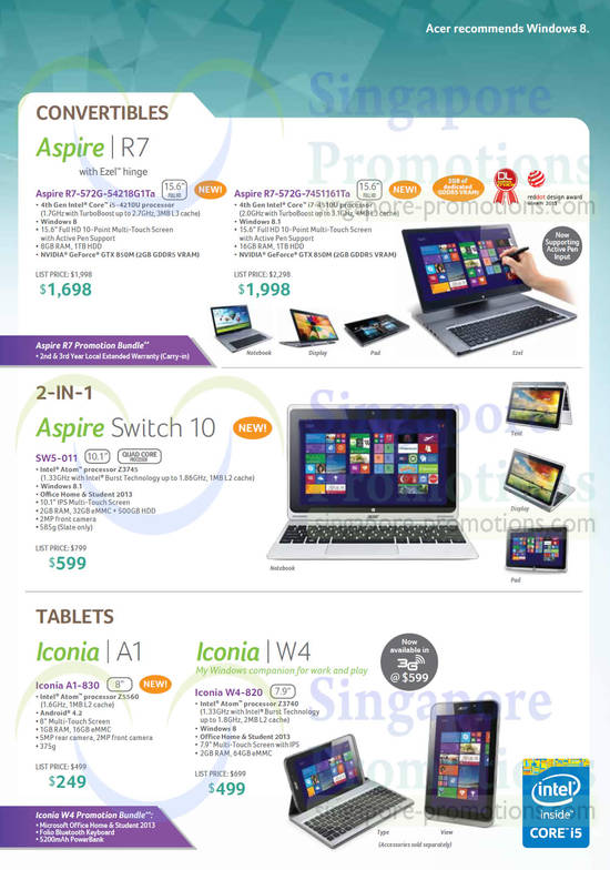 Notebooks, Tablets, Aspire R7, Switch 10, Iconia A1, W4