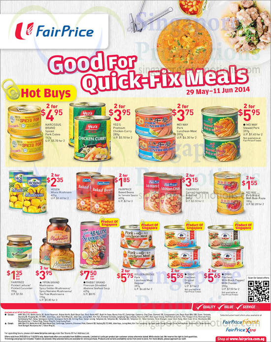 Quick Fix Meals, Spiced Pork Cubes, Yeos Chicken Curry, golden Bridge Pork Luncheon Meat, Rabbit Brand Abalone Soup