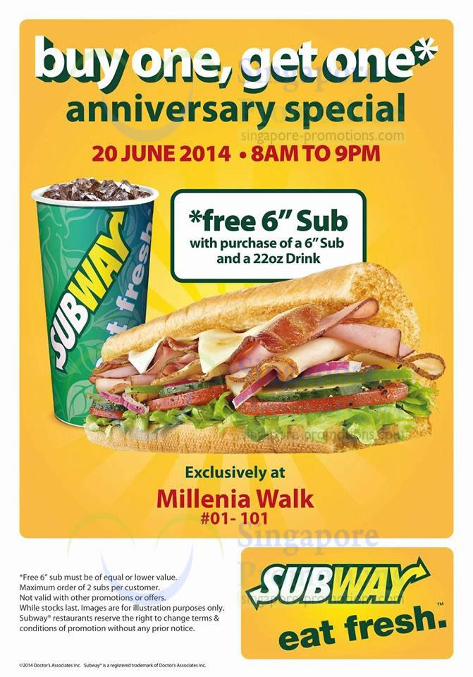 Subway Buy 1 Get 1 FREE (BOGO) Sub Promotion Millenia Walk 20 Jun 2014