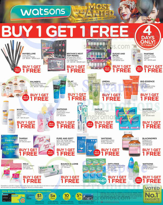 1 Aug Buy 1 Get 1 Free Maybelline, Pantene, Olay, Bio Essence, Nivea, Blackmores, Bausch n Lomb