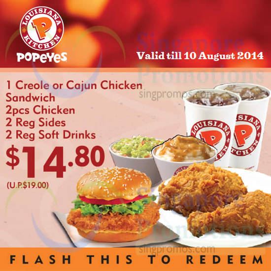 14.80 1 Creole or Cajun Chicken Sandwich, 2pcs Chicken, 2 Reg Sides, 2 Reg Soft Drinks