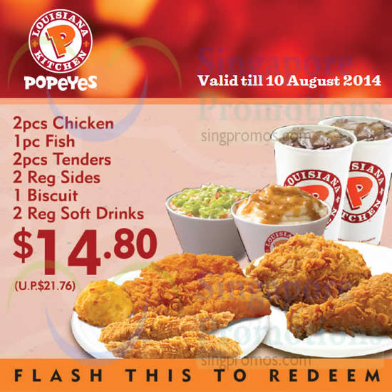 14.80 2 pcs Chicken, 1 pc Fish, 2pcs Tenders, 2 Reg Sides, 1 Biscuit, 2 Reg Soft Drinks