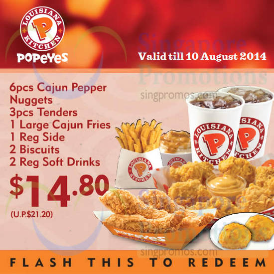 14.80 6pcs Cajun Pepper Nuggets, 3pcs Tenders, 1 Large Cajun Fries, 1 Reg Side, 2 Biscuits, 2 Reg Soft Drinks