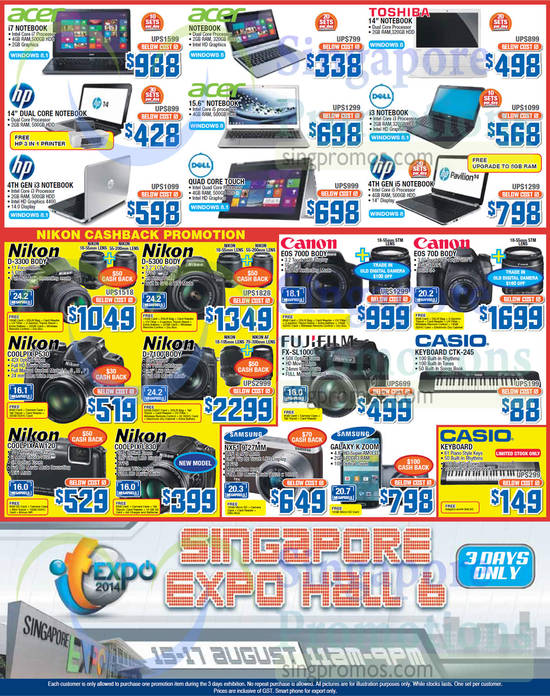 15 Aug Notebooks, Digital Cameras, Keyboards, Acer, Toshiba, HP, Canon, Nikon, Fujifilm, Casio, Samsung