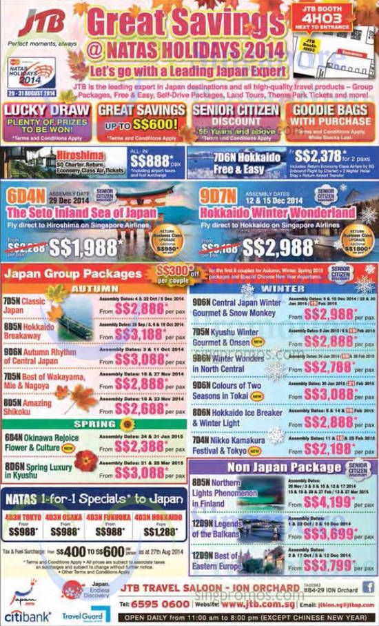 28 Aug JTB Travel Saloon Japan Packages Hiroshima, Hokkaido, Wakayama, Shikoku, Kyushu, Tokai, Kamakura