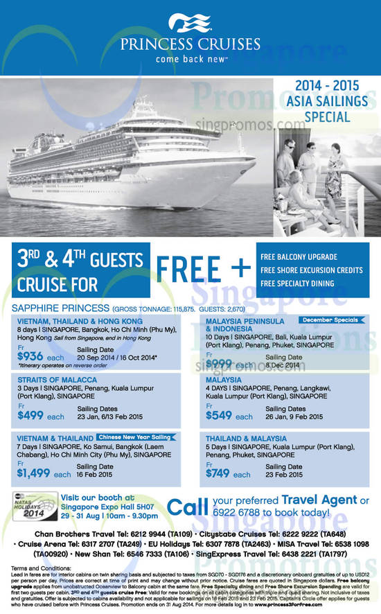 28 Aug Princess Cruises 3rd, 4th Guest Cruise For Free Vietnam, Thailand, HongKong, Malacca, Indonesia