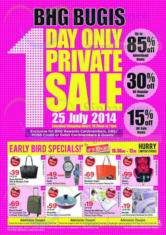 BHG Bugis 1 Day Private Sale, Early Bird Specials, Up To 85 Percent Off