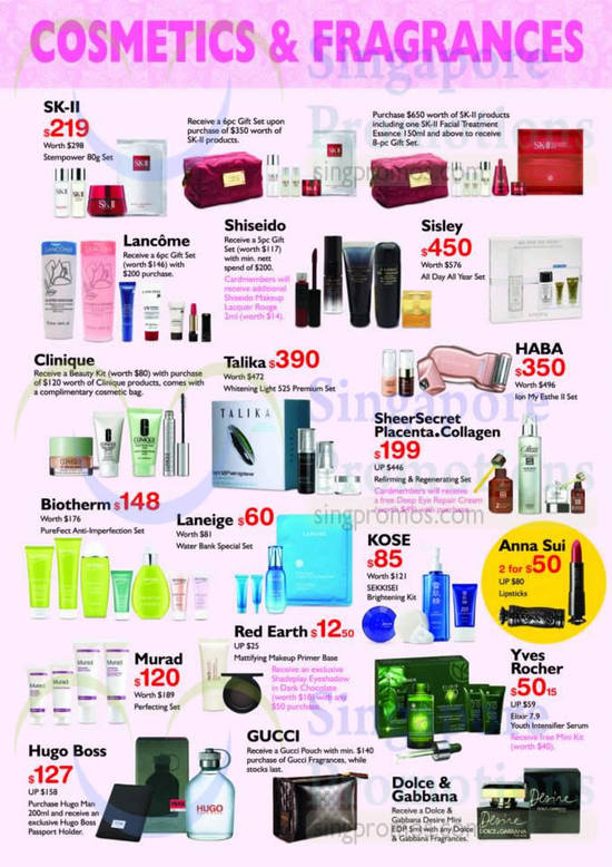 Cosmetics n Fragrances, SK-II, Lancome, Shiseido, Sisley, Talika, Clinique, Haba, Biotherm, Kose, Laneige, Anna Sui, Red Earth