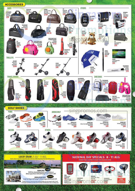 Golf Bags, Trolleys, Travel Covers, Shoe Bags, Gold Shoes, National Day Specials, Lucky Draw