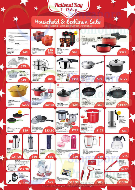 Kitchenware Cutleries, Cookwares, Henckels, Bohemia, Le Creuset, Vitacraft, ASD, Thermos, Tiger, Bodum