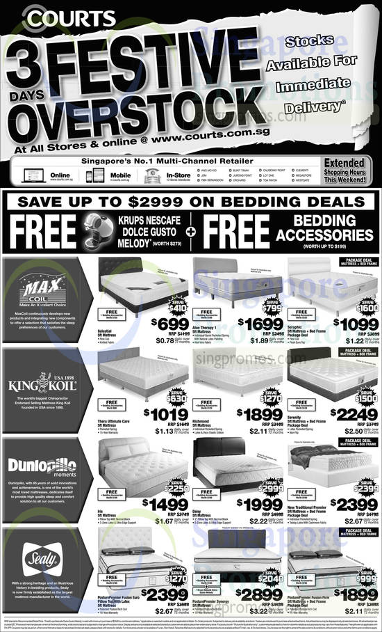 Mattresses Maxcoil, KingKoil, Dunlopillo, Sealy