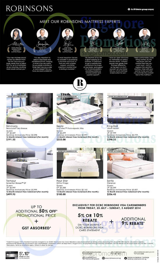 Mattresses Simmons, Sealy, Kingkoil, Serta, Tempur, Four Star