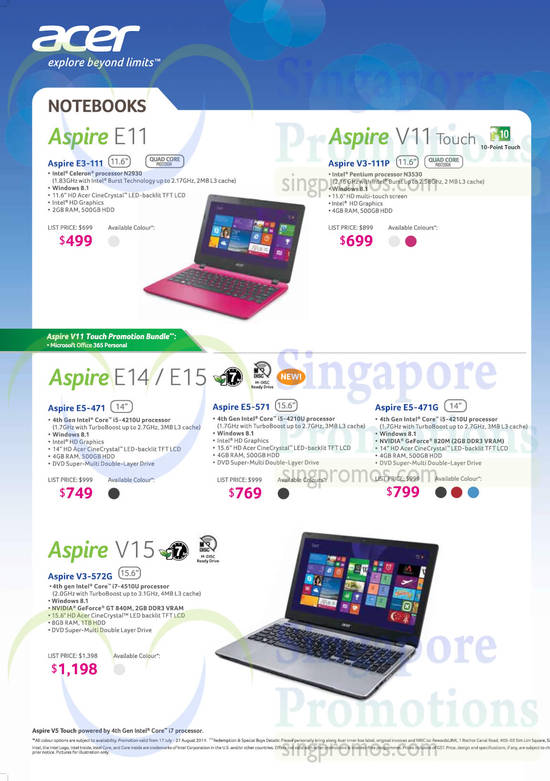 Notebooks Aspire E11, V11 Touch, E14, E15, V15