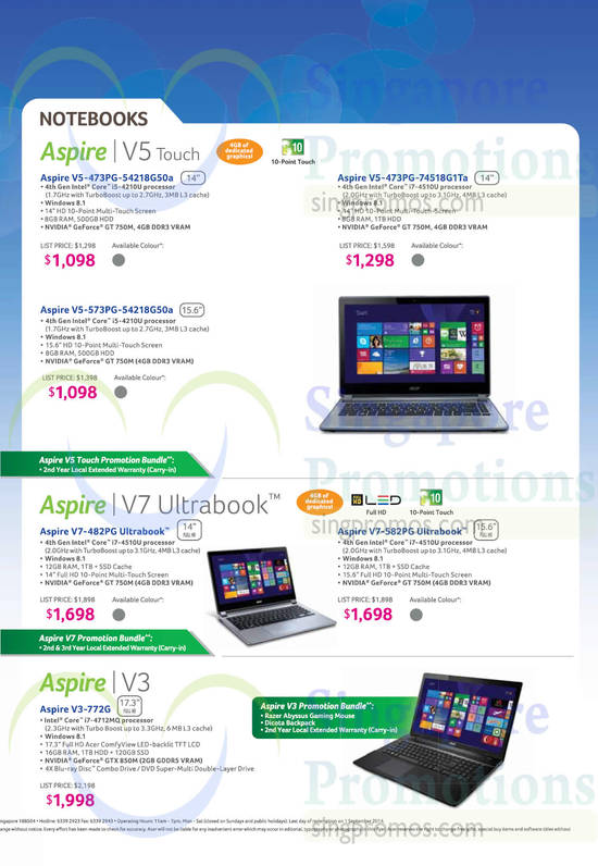 Notebooks Aspire V5 Touch, V7, V3