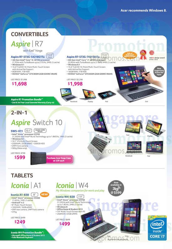 Notebooks, Tablets, Aspire R7, Switch 10, Iconia A1, W4