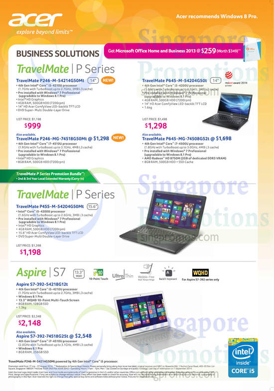 Notebooks Travelmate P Series, Aspire S7