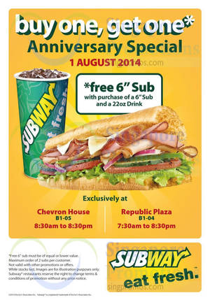 Featured image for (EXPIRED) Subway Buy 1 Get 1 FREE (BOGO) Sub Promotion @ Three Locations 1 Aug 2014