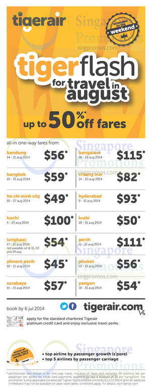 Featured image for (EXPIRED) TigerAir Up To 50% OFF Air Fares Promo 3 – 6 Jul 2014