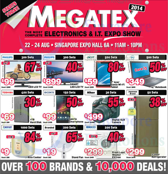 22 Aug TVs, Tablets, Notebooks, Mobilephones, Digital Cameras, Fridges, Rice Cooker, Philips, Acer, Dell, Toshiba, Sony, Nikon