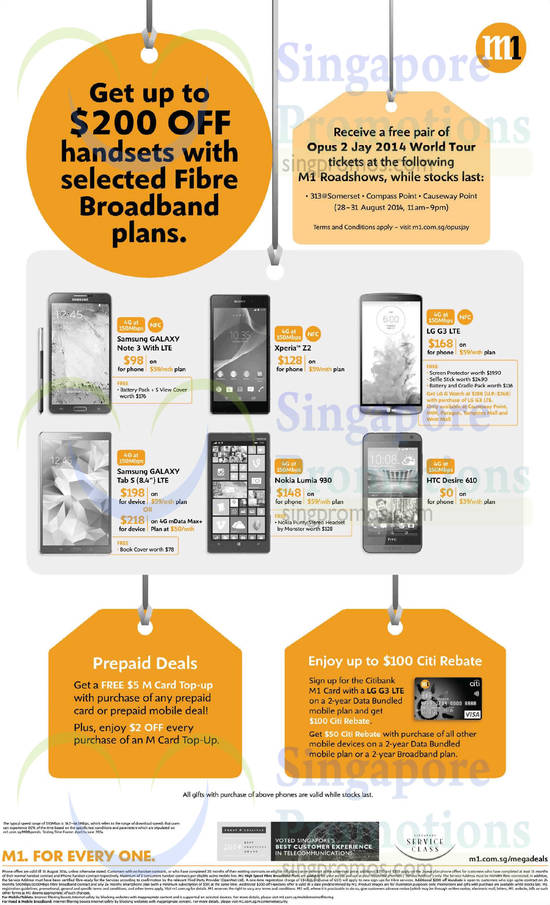 28 Aug M1 Mobilephones Samsung Galaxy Note 3, Tab S 8.4, Sony Xperia Z2, LG G3, Nokia Lumia 930, HTC Desire 610