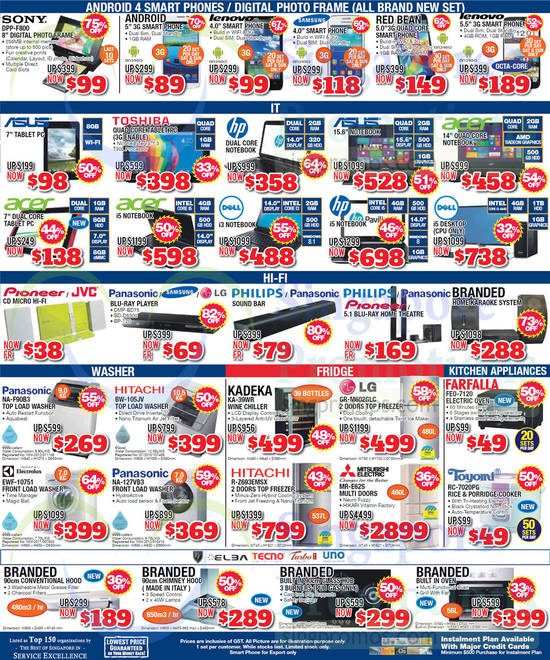 30 Aug Mobilephones, Notebooks, Tablets, Hi-Fis, Washers, Fridges, Kitchen Appliances Sony, Lenovo, Samsung, Asus, Acer, HP, Toshiba, Dell, Panasonic, Hitachi, LG