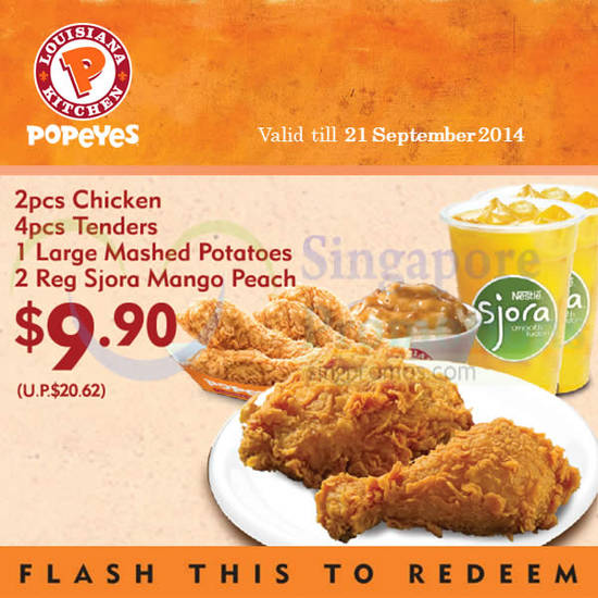 9.90 2 Chicken, 4 Tenders, 1 Mashed Potato, 2 Reg Sjora Mango Peach