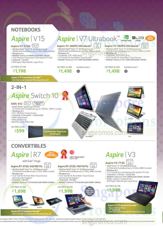 Notebooks Aspire V15, Aspire V7, Aspire Switch 10, Aspire R7, Aspire V3