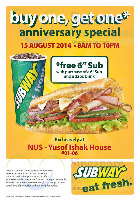 Subway Buy 1 Get 1 FREE (BOGO) Sub Promotion @ NUS 15 Aug 2014