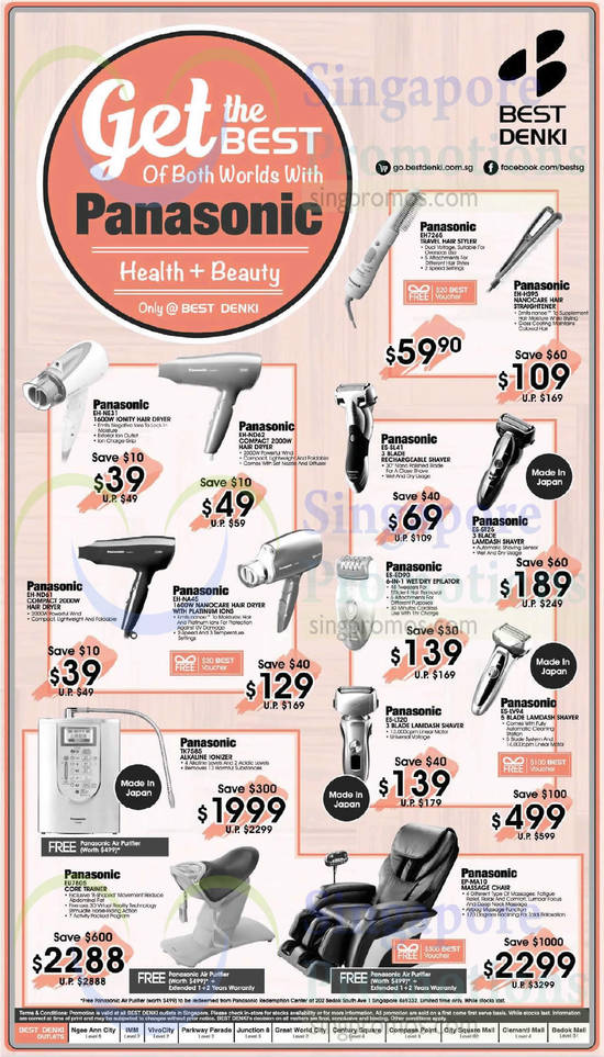 Panasonic Hair Dryers, Shavers, Massage Chairs, Ionizer, Epilators