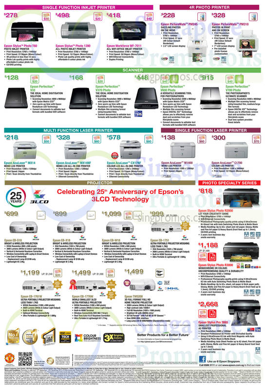 Printers, Scanners, Projectors, Single Function, 4R PHoto, Stylus, Workforce, PictureMate, Perfection, AcuLaser