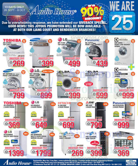 Washers, Dryer, Dishwasher, Fridges, Freezer, Wine Cooler, Samsung, LG, Elba, Toshiba, Hitachi, Mitsubishi Electric, Farfalla