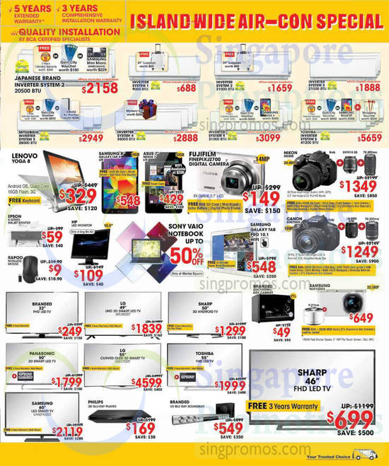 Air Conditioners, TVs, Tablets, Digital Cameras, Toshiba, Mitsubishi, Epson, HP, Sony, Samsung, LG