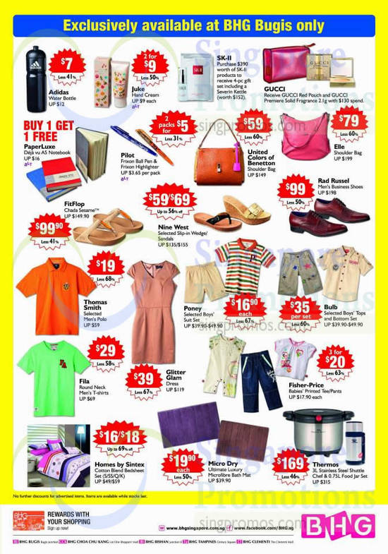 BHG Bugis Exclusives T Shirts, Foodjar, Bedsheet Set, Gucci Pouch, Hand Cream, Water Bottle, Shoulder Bag, Sandals