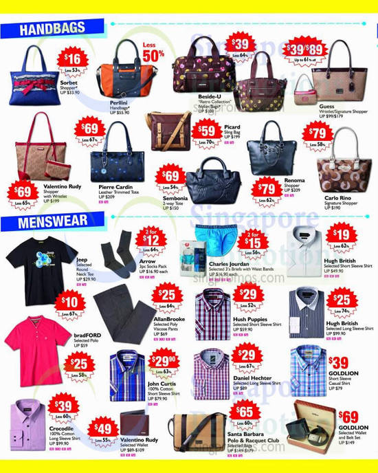 Handbags, Menswear, Sorbet, Perllini, Pierre Cardin, Hush Puppies, Hugh British, Goldlion, Crocodile