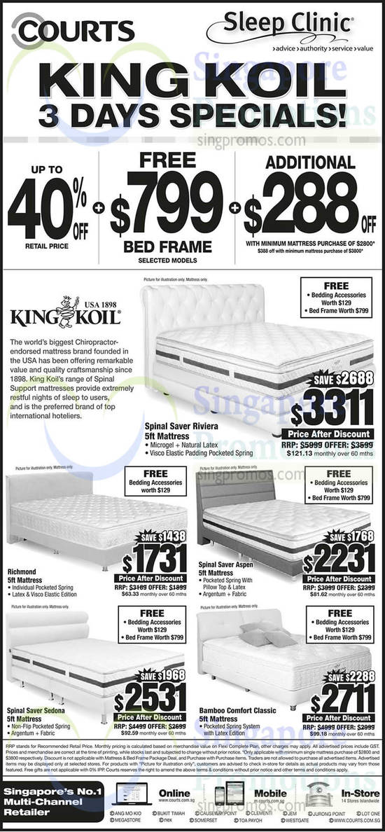 King Koil Mattresses, Spinal Saver Riviera, Richmond, Spinal Saver Aspen, Spinal Saver Sedona, Bamboo Comfort Classic