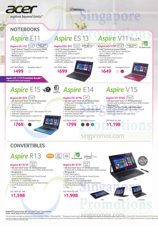 Notebooks Aspire E11, Aspire ES 13, Aspire V11 Touch, Aspire E15, Aspire E14, Aspire V15, Aspire R13