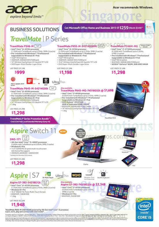 Notebooks Aspire S7, Switch 11, Travelmate P Series