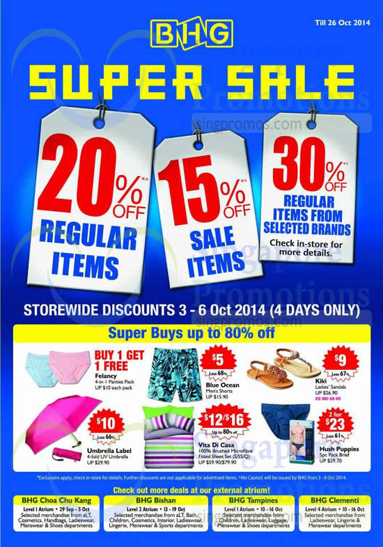 Super Buys up to 80 Percent Off, 20 Percent Off Regular Items, 15 Percent Off Sale Items, 30 Percent Off Regular Items from Selected Brands