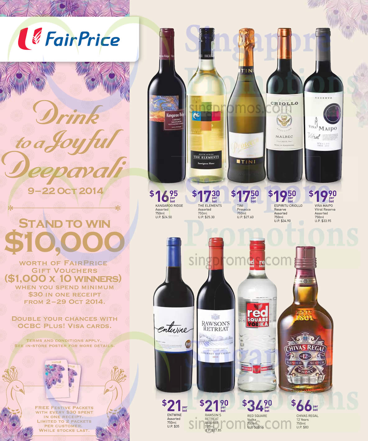 (Till 22 Oct)Wines, Chivas Regal, Red Square, Kangaroo Ridge, The Elements, Tini Prosecco, Espiritu Criollo Reserve, Vina Maipo, Entwine