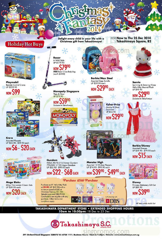 18 Dec Purchase With Purchase, Holiday Hot Buys, Playmobil, Razor, Barbie, Sanrio, Fisher-Price, Kre-O, Gundam, Monster high, Disney, Mega Bloks