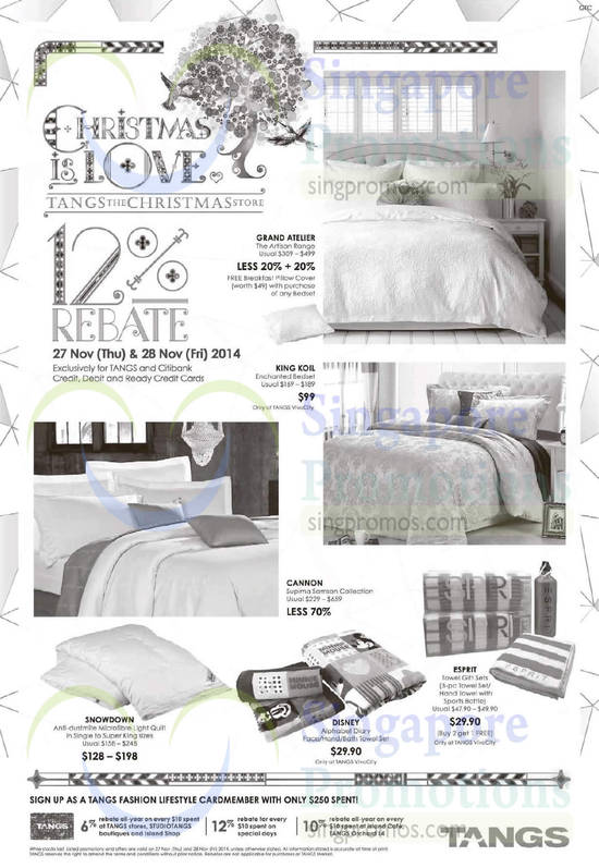 27 Nov Bedsheet Sets, Towels, Grand Atelier, King Koil, Cannon, Esprit, Snowdown