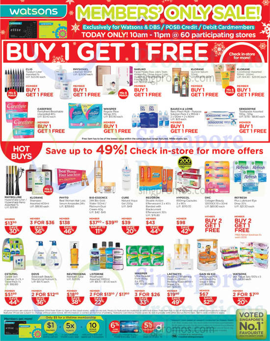 5 Nov Buy 1 Get 1 Free, Hot Buys, Save Up to 49 Percent, Maybelline, Klorane, Phyto, Bio-Essence