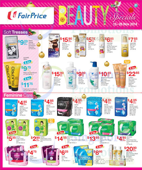 Beauty specials Soft Tresses, Feminine Care, Head n Shoulders, Loreal, Pantene, Silkpro, Whisper, Poise, Tampax